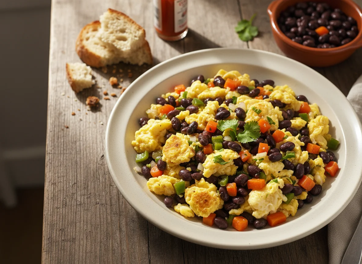 Huevos revueltos con frijoles negros photo