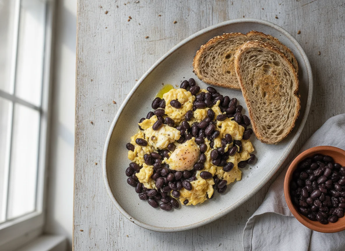 Huevos revueltos con frijoles negros y pan integral photo