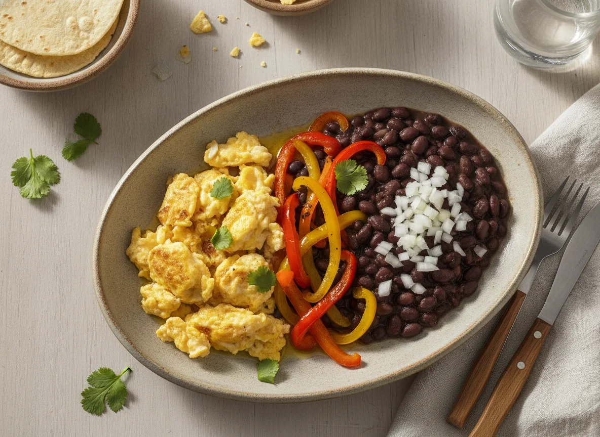 Huevos revueltos con frijoles negros y pimientos photo