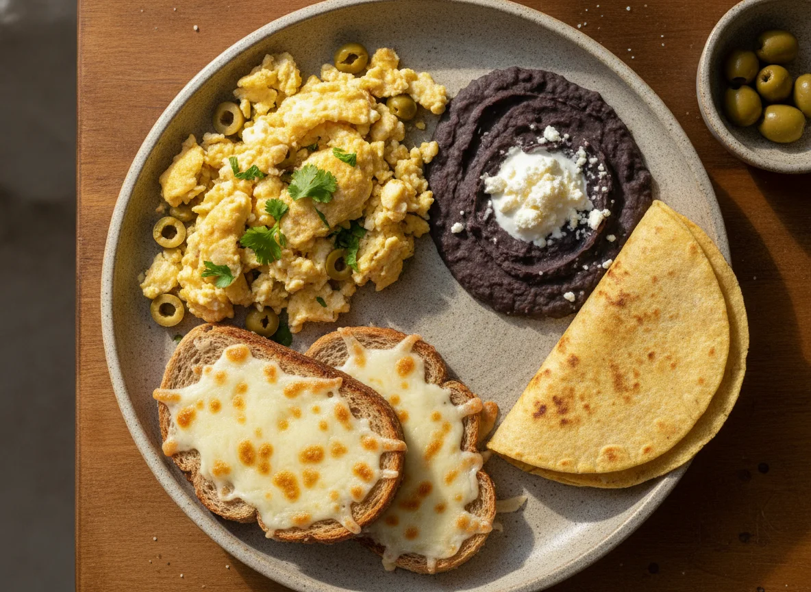 Huevos revueltos con frijoles, pan con queso y tortilla photo
