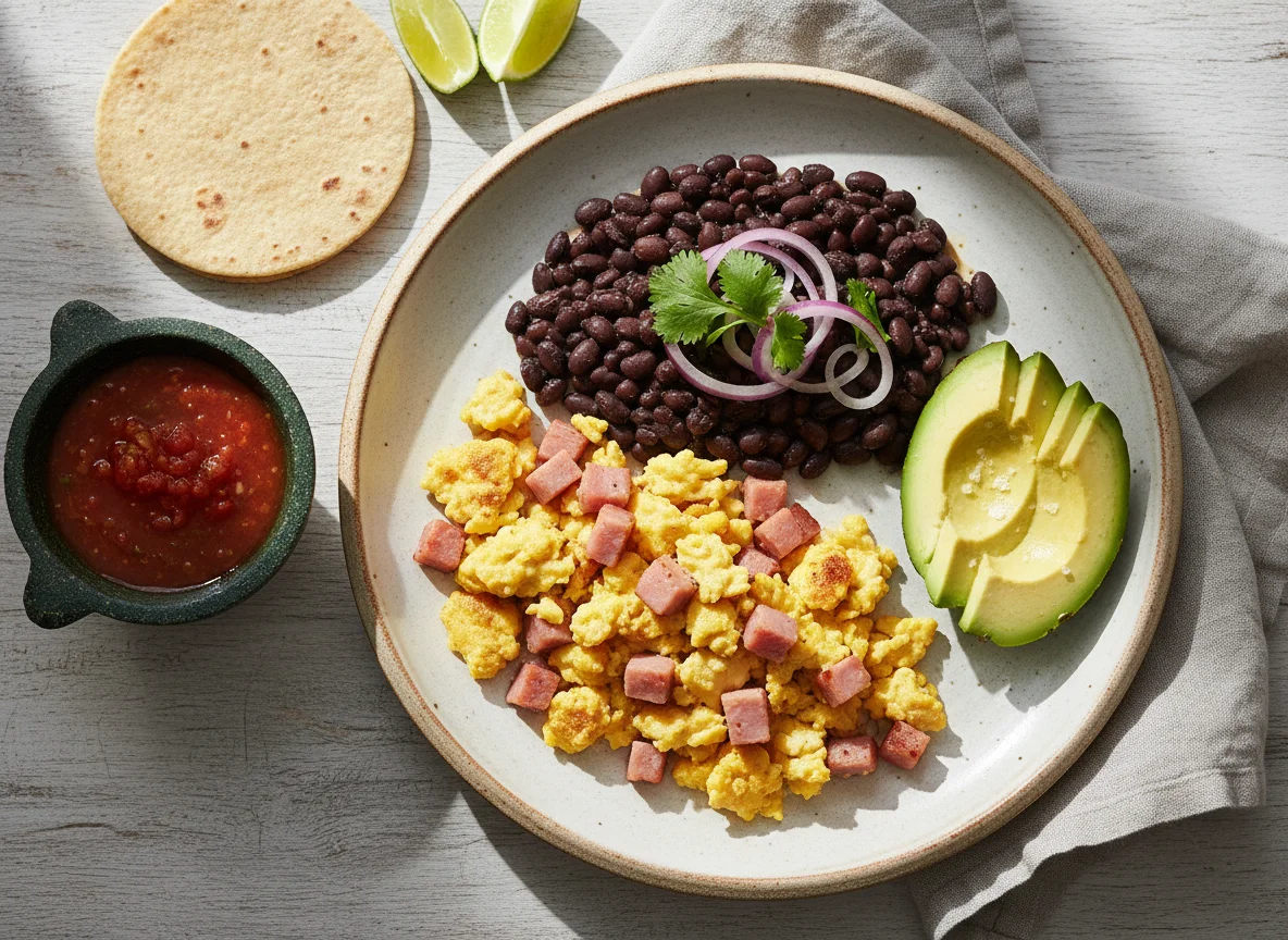Huevos revueltos con frijoles y aguacate photo