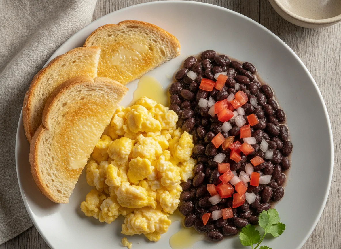 Huevos revueltos con frijoles y pan tostado photo