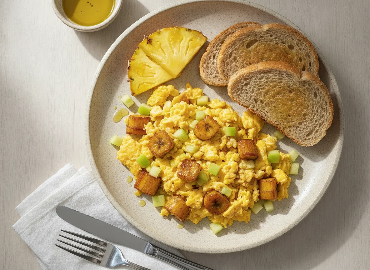Huevos revueltos con fruta y pan tostado photo