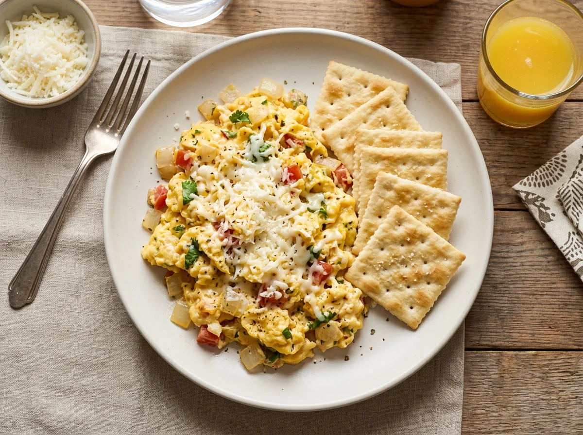 Huevos revueltos con galletas saladas photo