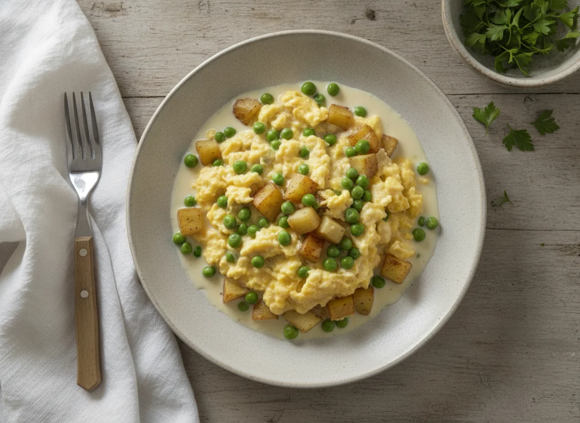 Huevos revueltos con guisantes y leche photo