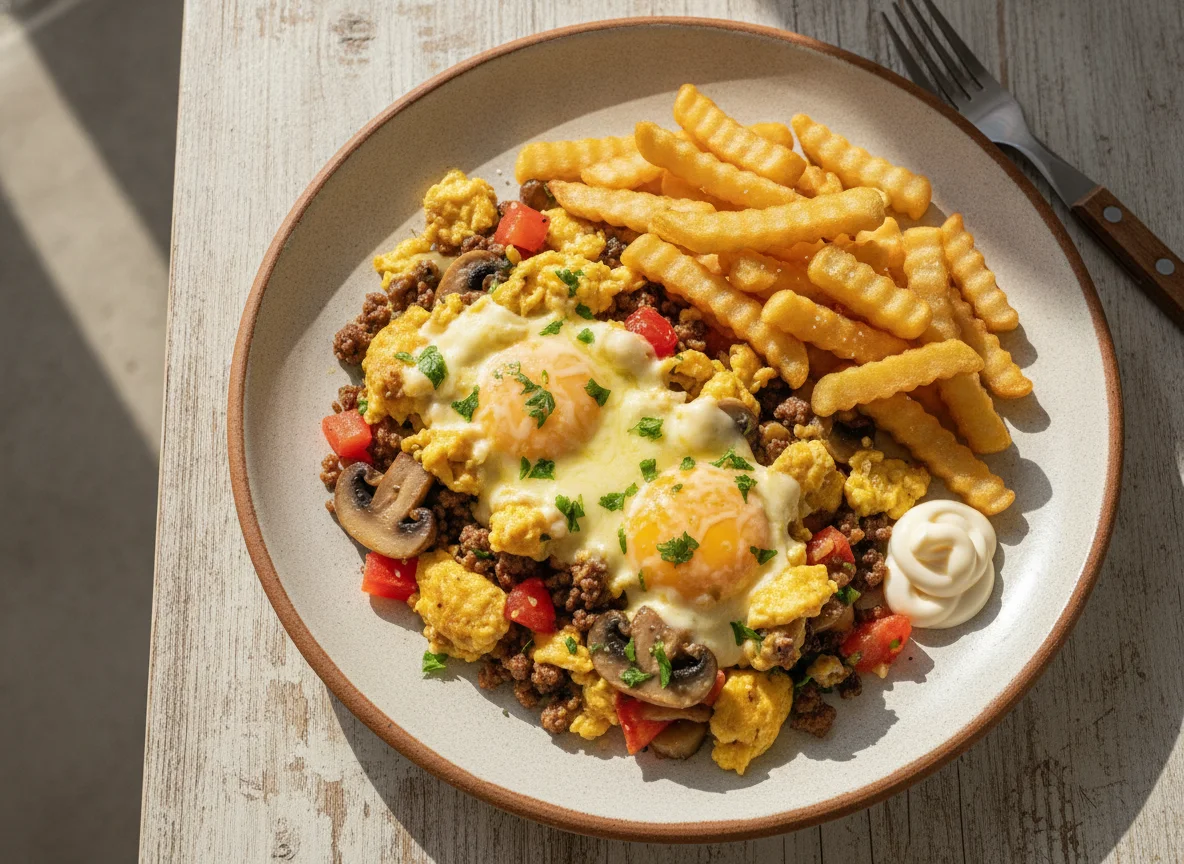 Huevos revueltos con hongos, tomate, queso, papas fritas y carne photo