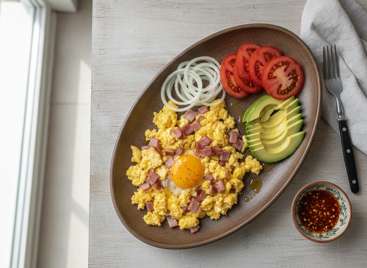 Huevos revueltos con jamón acompañados de aguacate, jitomate y cebolla photo