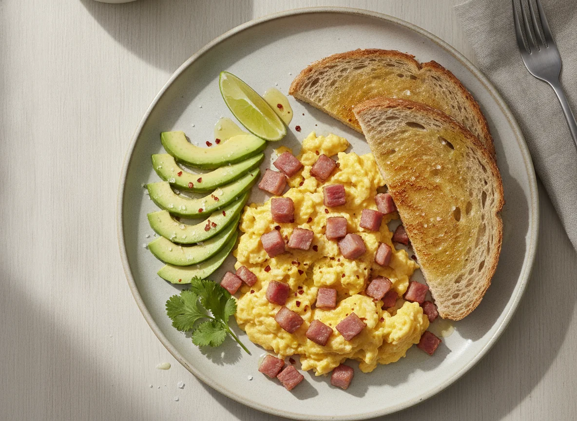 Huevos revueltos con jamón, aguacate y pan integral photo