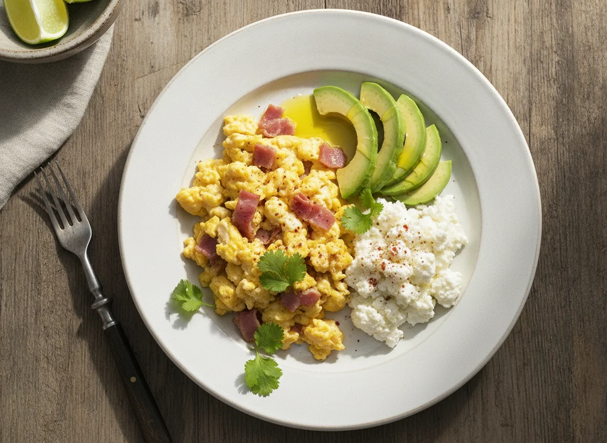 Huevos revueltos con jamón, aguacate y requesón photo