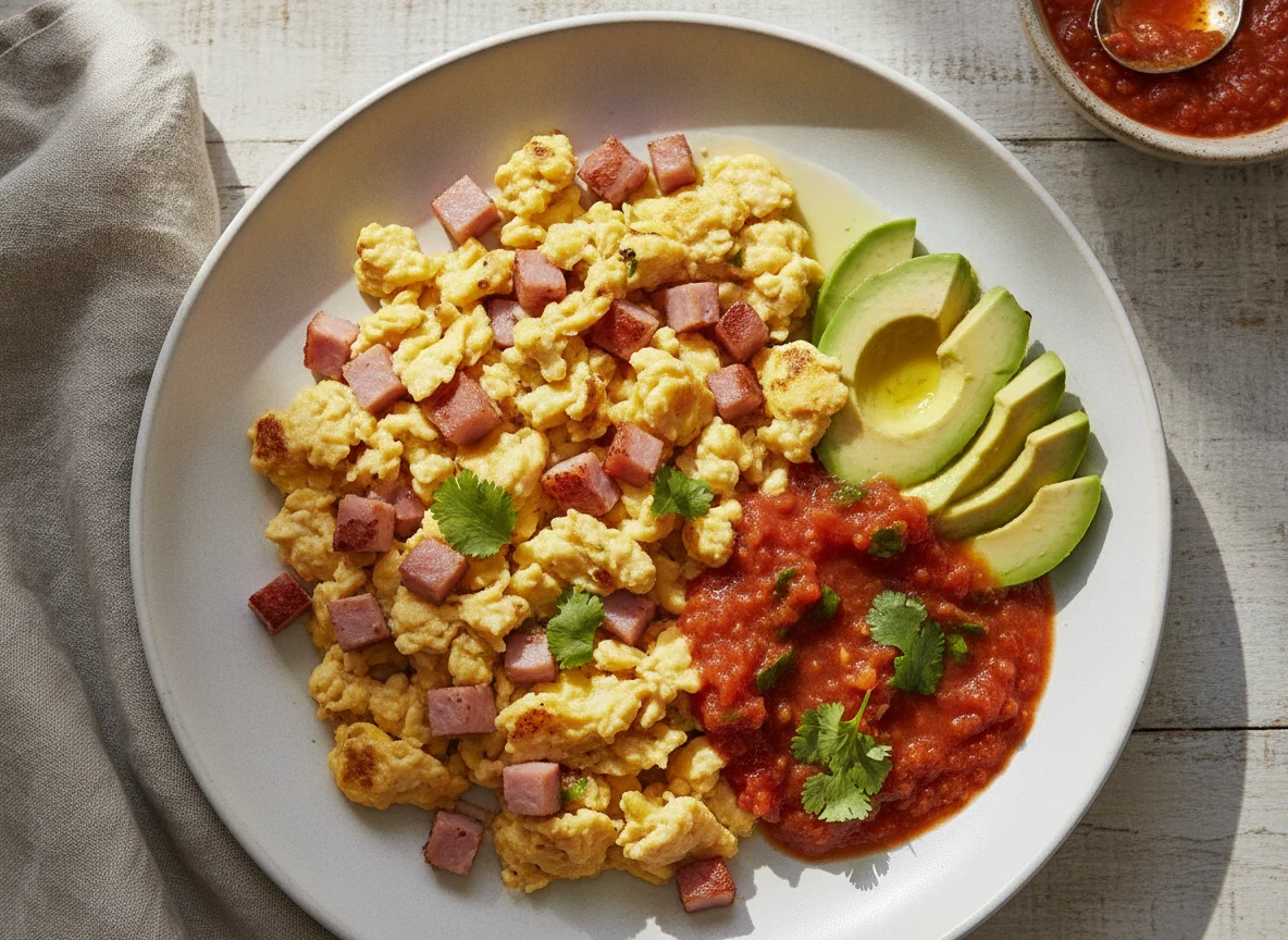 Huevos revueltos con jamón, aguacate y salsa photo