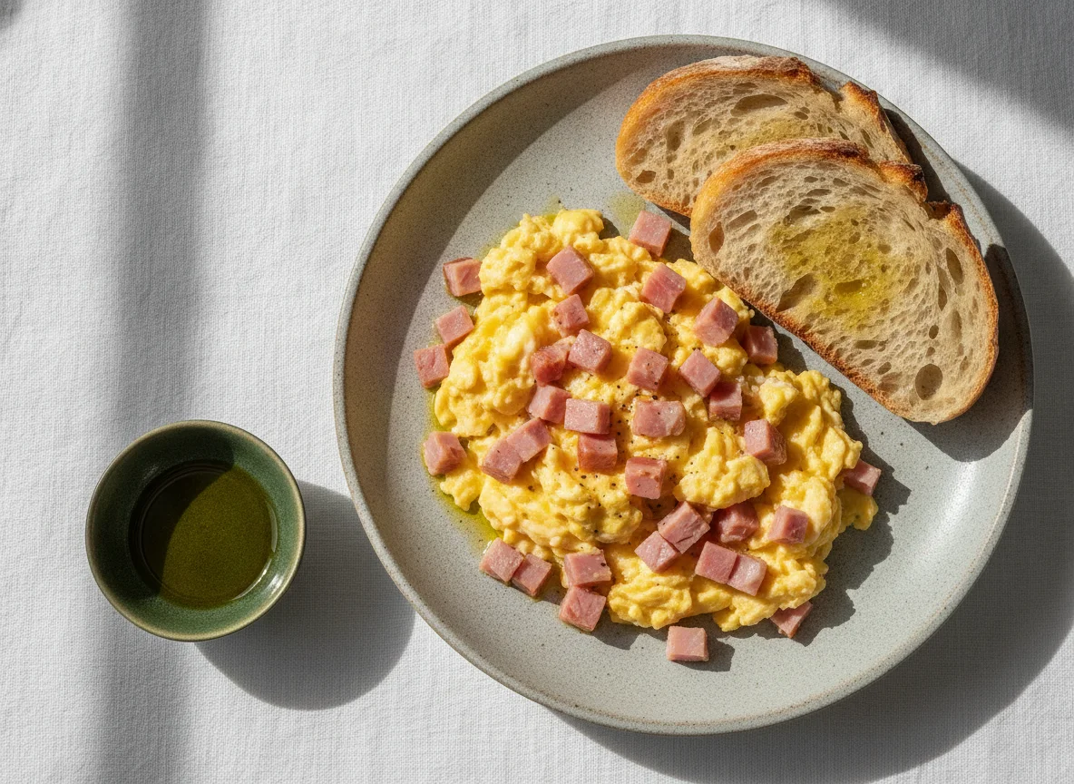 Huevos revueltos con jamón cocido y pan photo