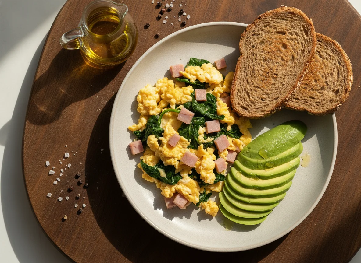 Huevos revueltos con jamón, espinacas, aguacate y pan integral photo