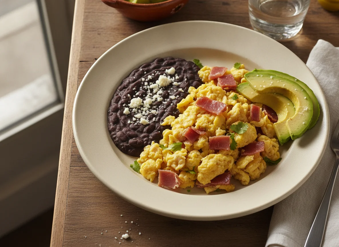 Huevos revueltos con jamón, frijoles refritos y aguacate photo
