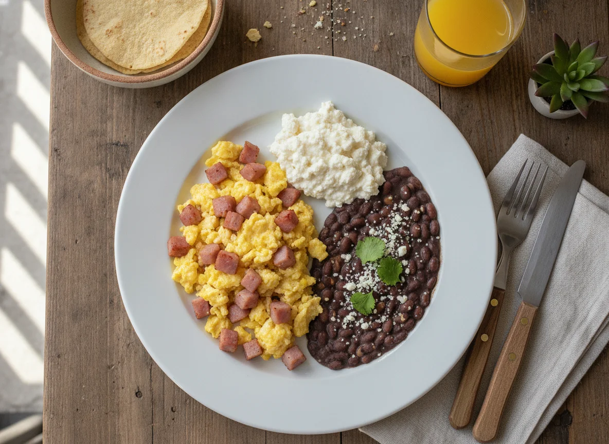 Huevos revueltos con jamón, frijoles refritos y queso cottage photo