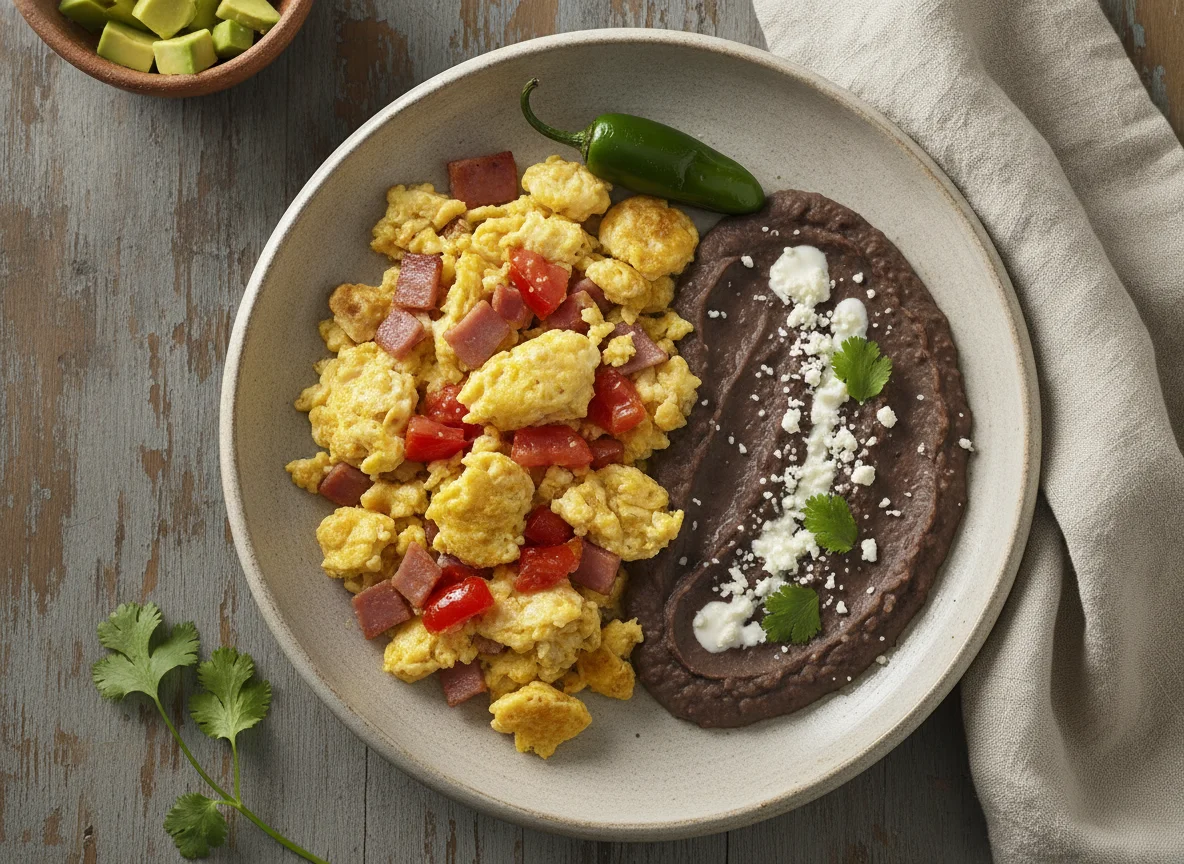 Huevos revueltos con jamón, jitomate y frijoles refritos photo