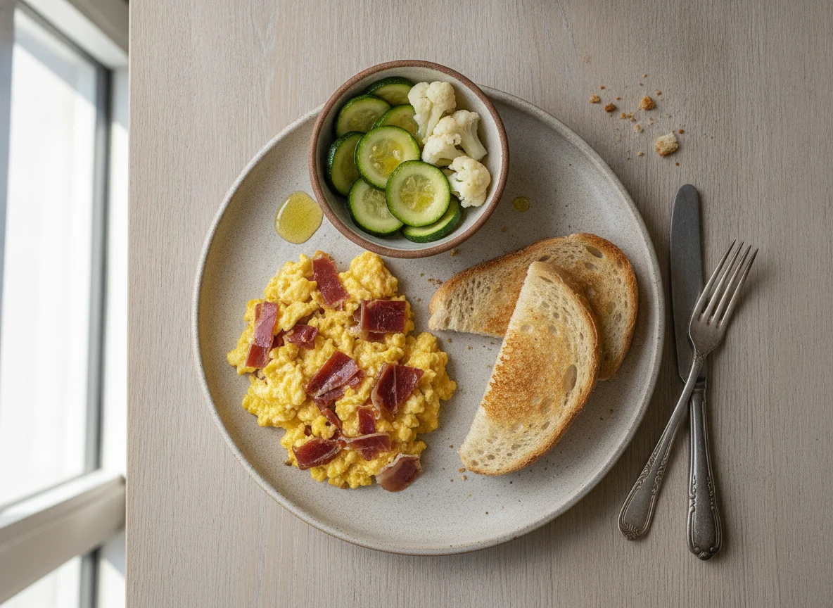 Huevos revueltos con jamón, pan tostado y vegetales al vapor photo