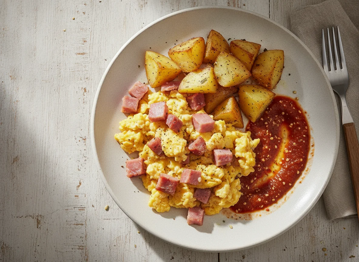 Huevos revueltos con jamón, papa y salsa photo