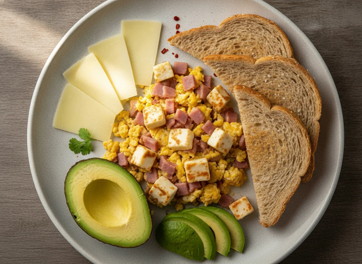 Huevos revueltos con jamón, queso, aguacate y pan tostado photo