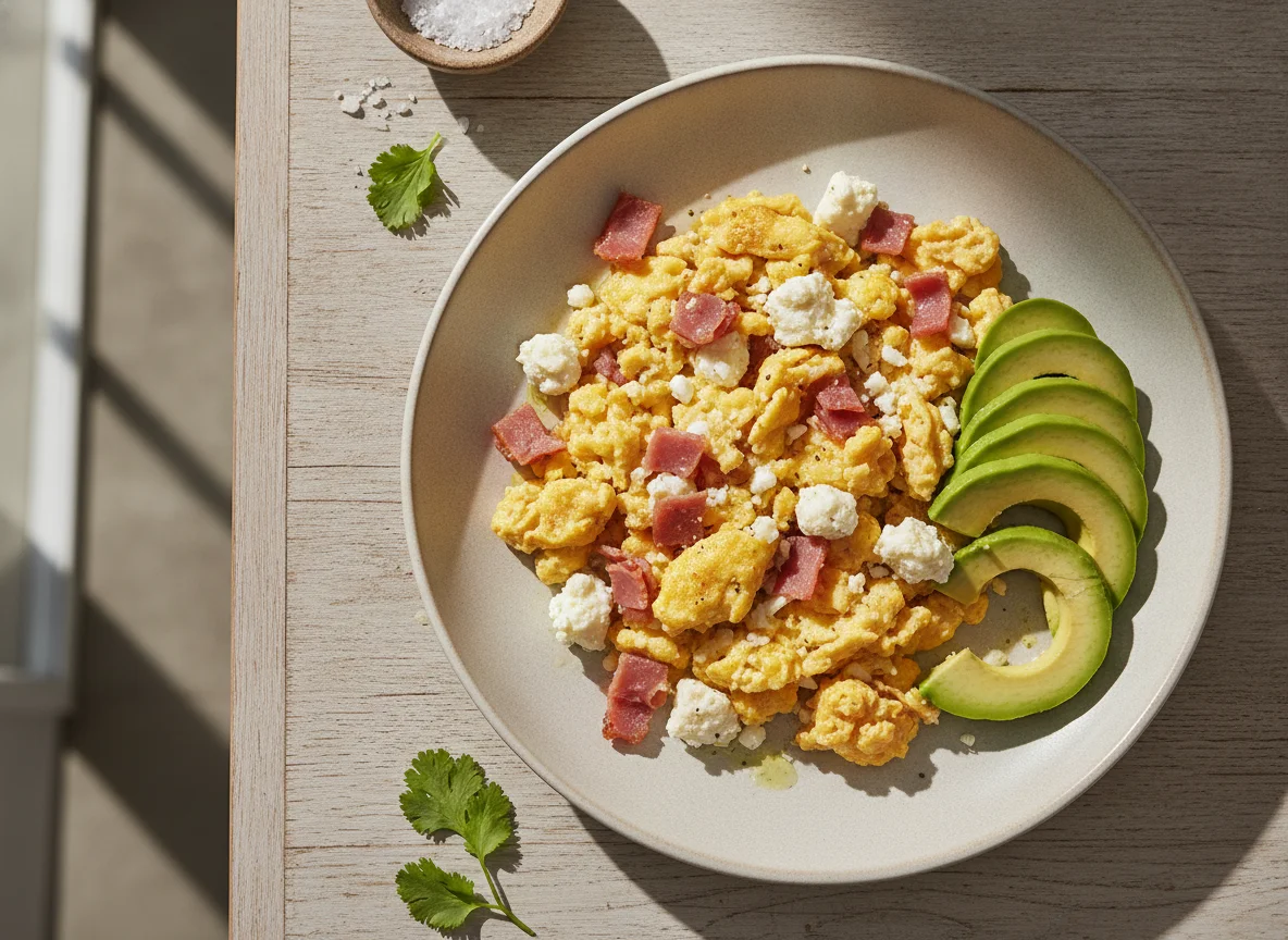 Huevos revueltos con jamón, queso Turrialba y aguacate photo