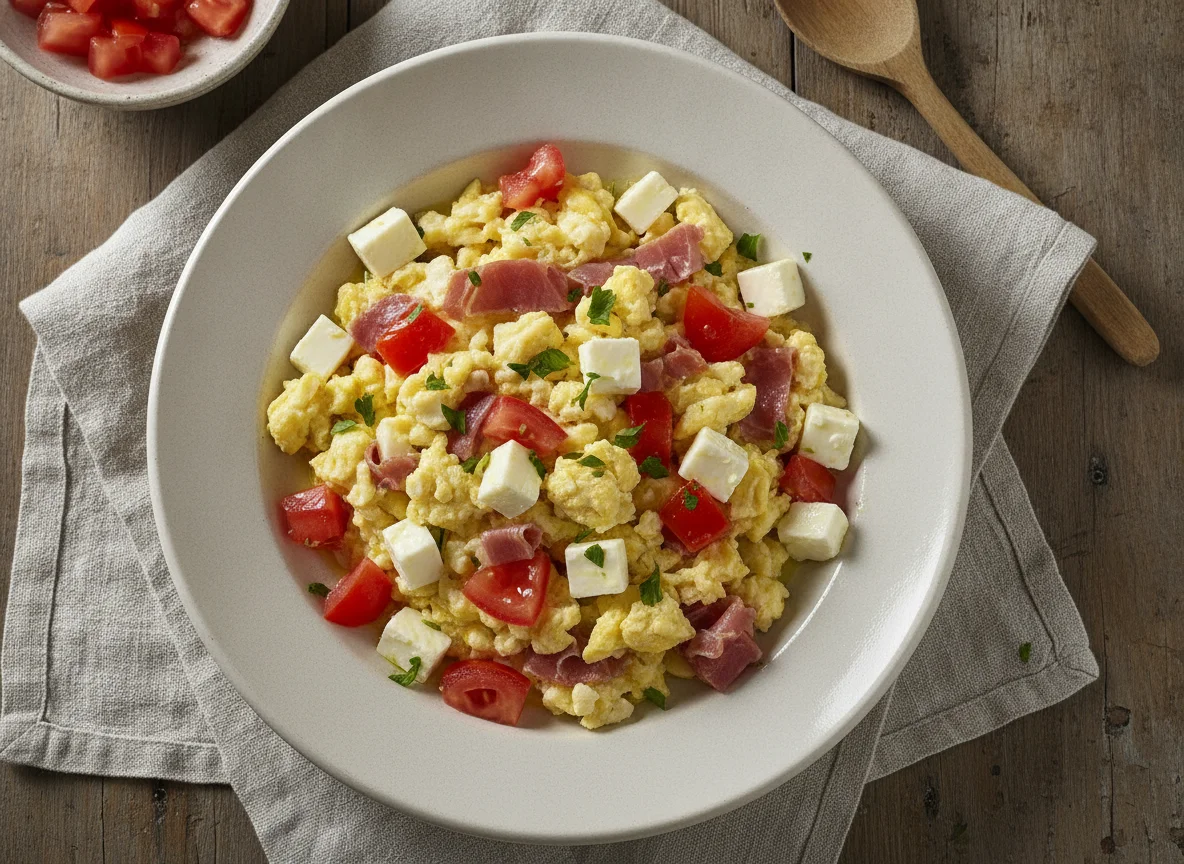 Huevos revueltos con jamón, queso y tomate photo