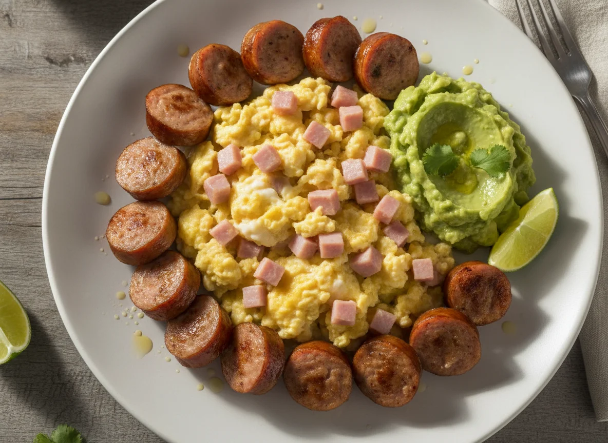 Huevos revueltos con jamón, salchichas y guacamole photo