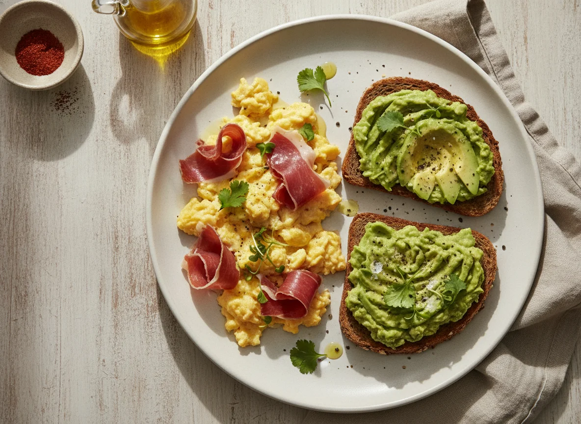 Huevos revueltos con jamón serrano y tostada de aguacate photo