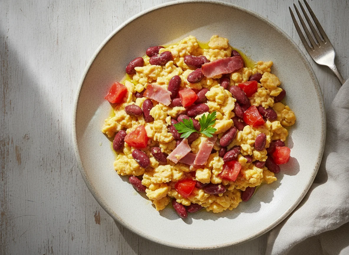 Huevos revueltos con jamón y alubias rojas photo