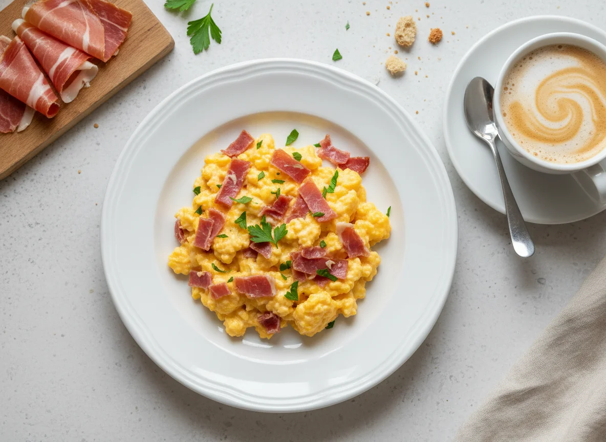 Huevos revueltos con jamón y café con leche photo