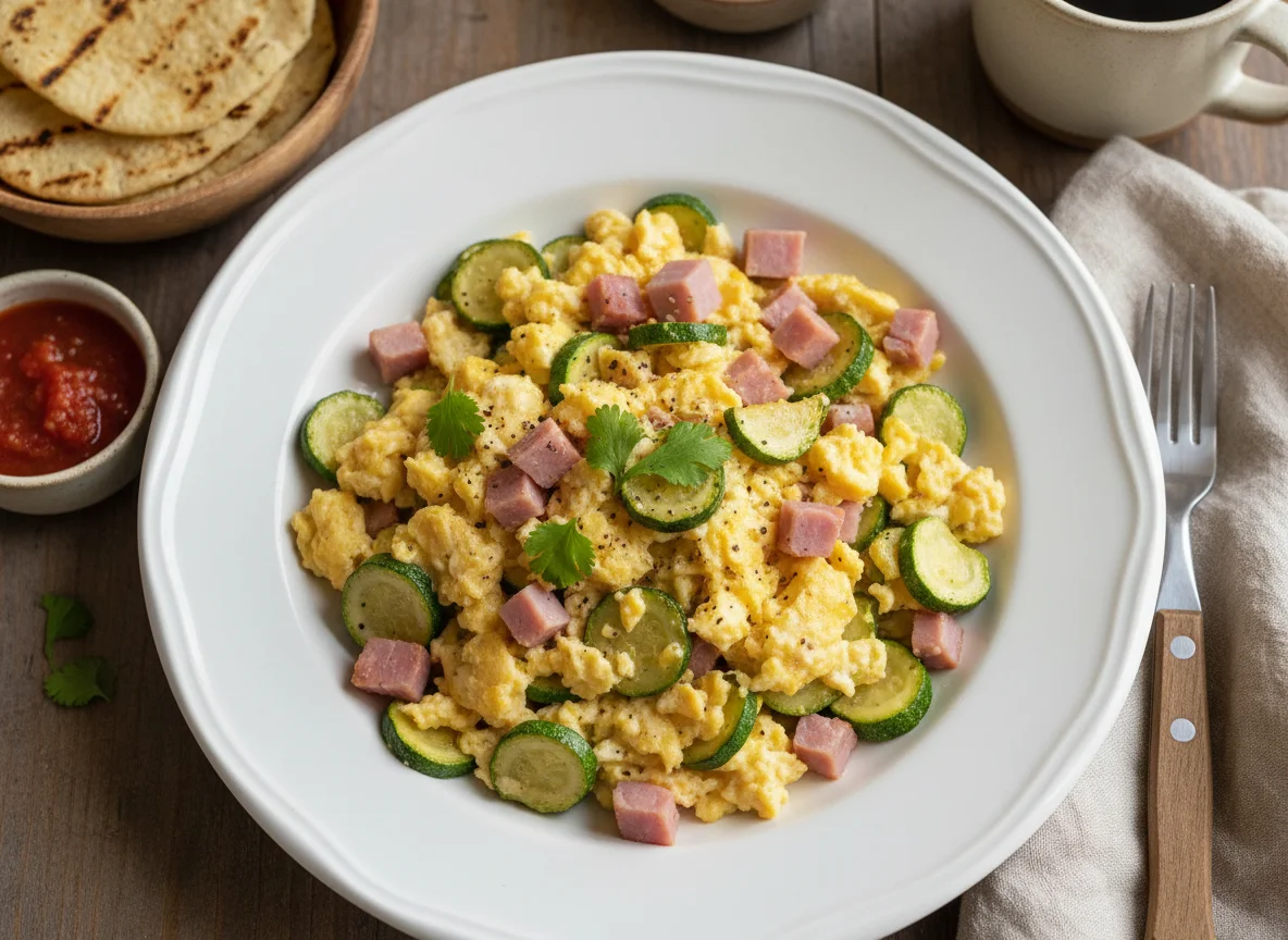 Huevos revueltos con jamón y calabacitas salteadas photo