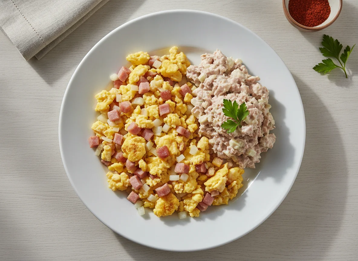 Huevos revueltos con jamón y ensalada de atún photo