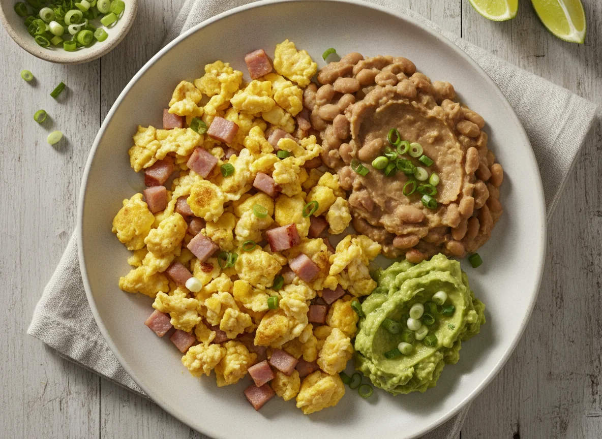 Huevos revueltos con jamón y frijoles de la olla photo