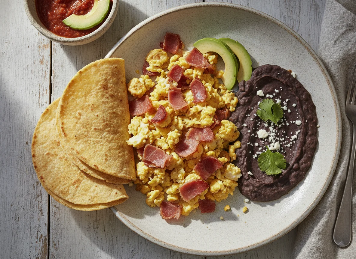 Huevos revueltos con jamón y frijoles refritos con tortillas photo