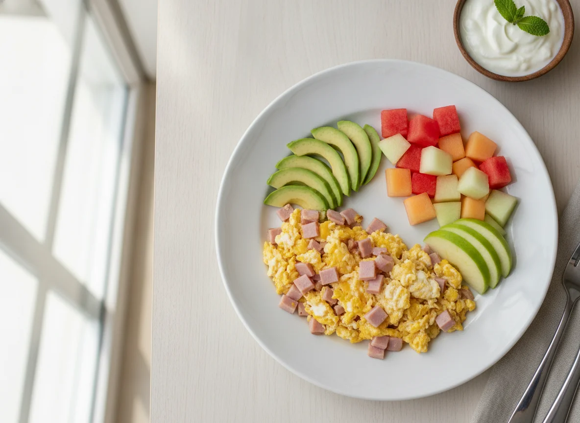 Huevos revueltos con jamón y fruta photo