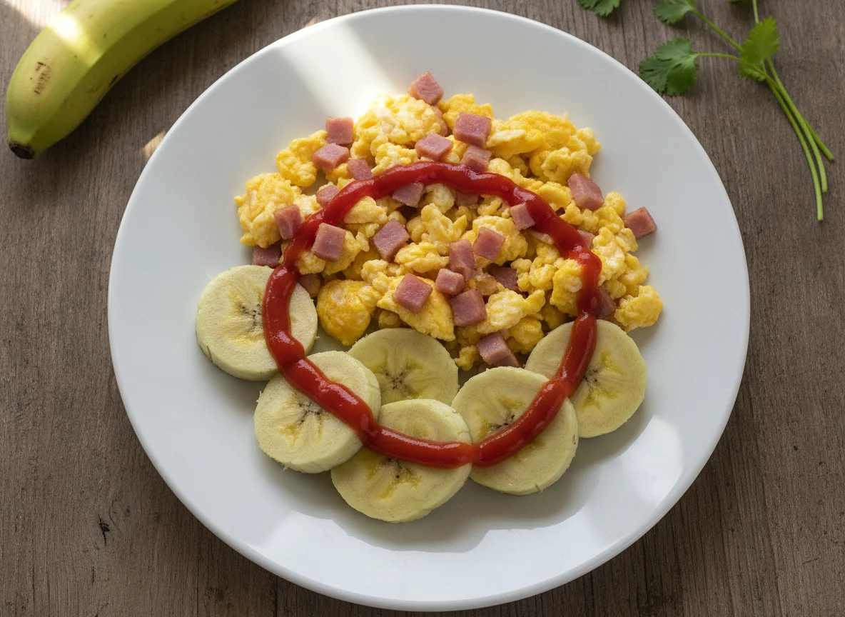 Huevos revueltos con jamón y guineo cocido photo