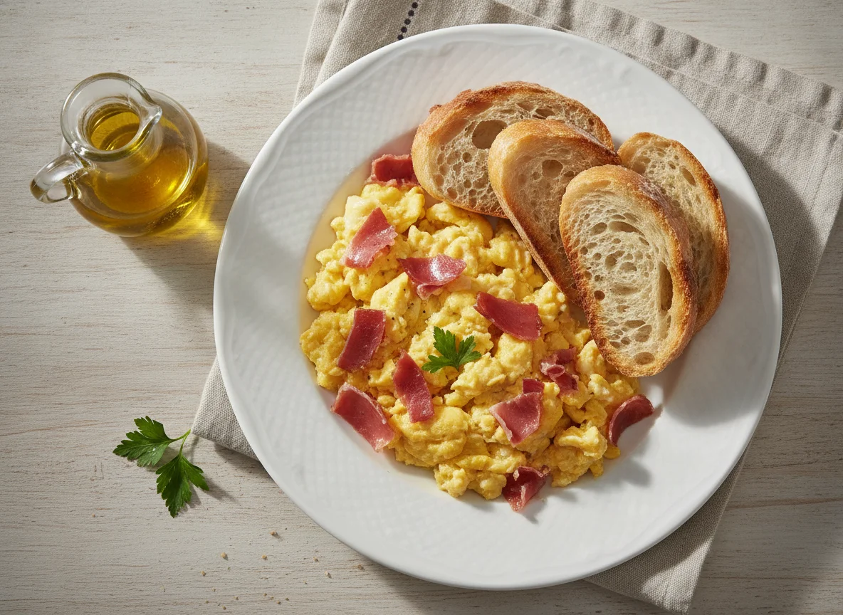 Huevos revueltos con jamón y pan photo