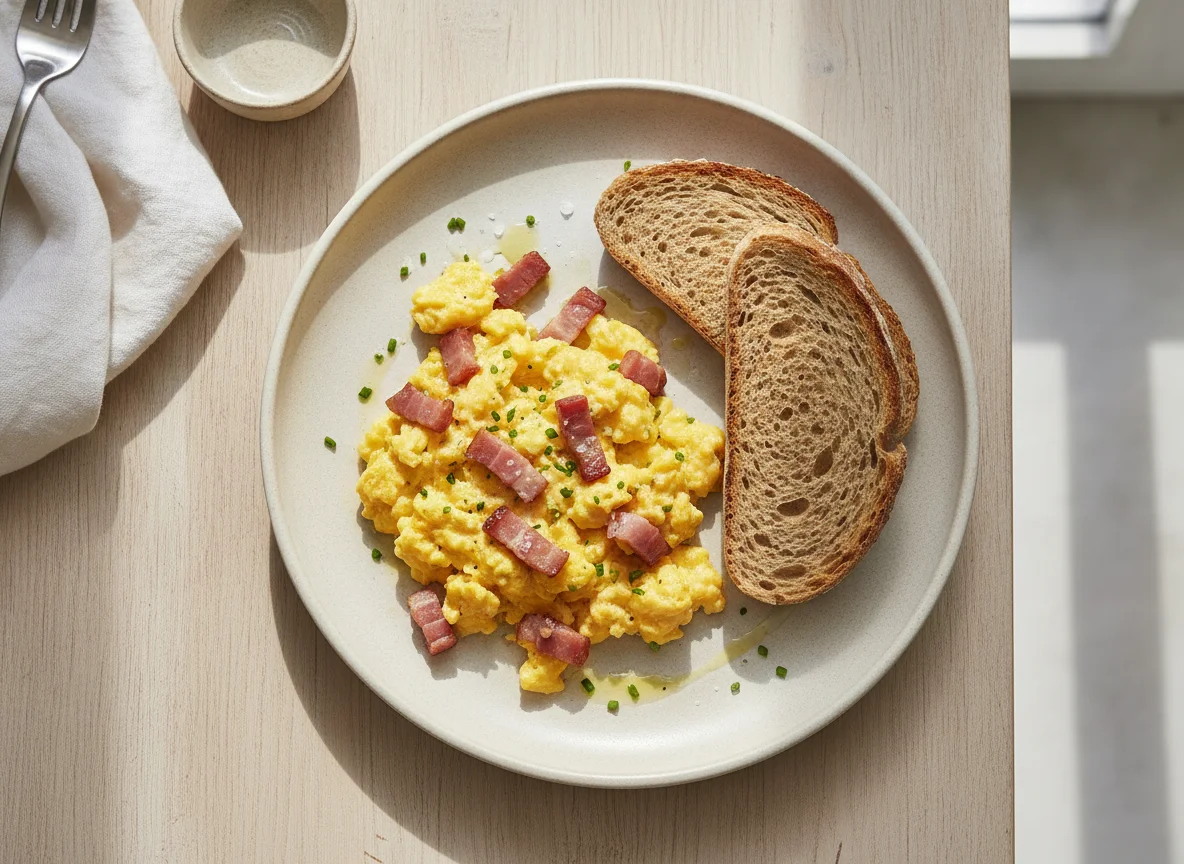 Huevos revueltos con jamón y pan integral photo