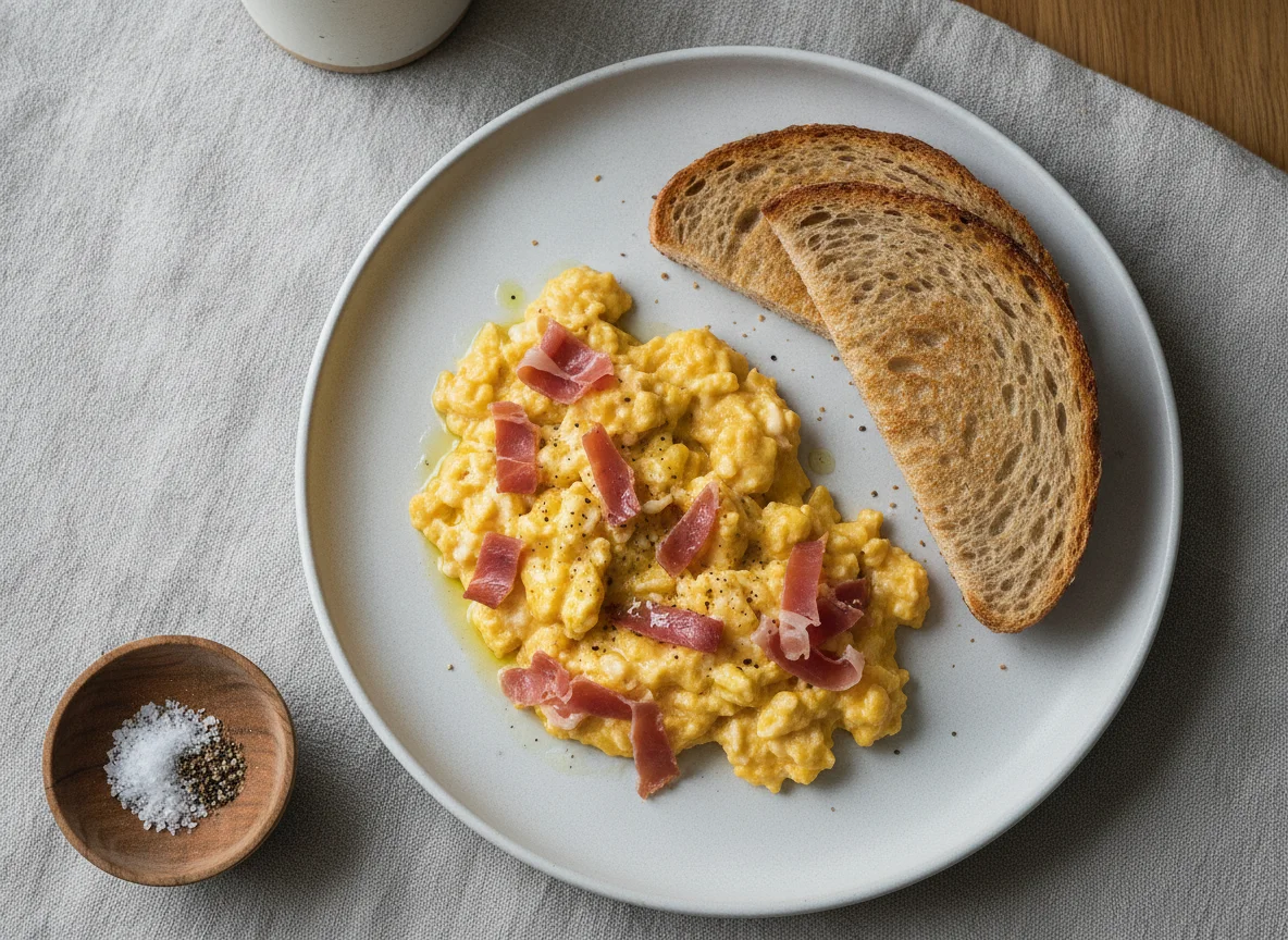 Huevos revueltos con jamón y pan tostado photo