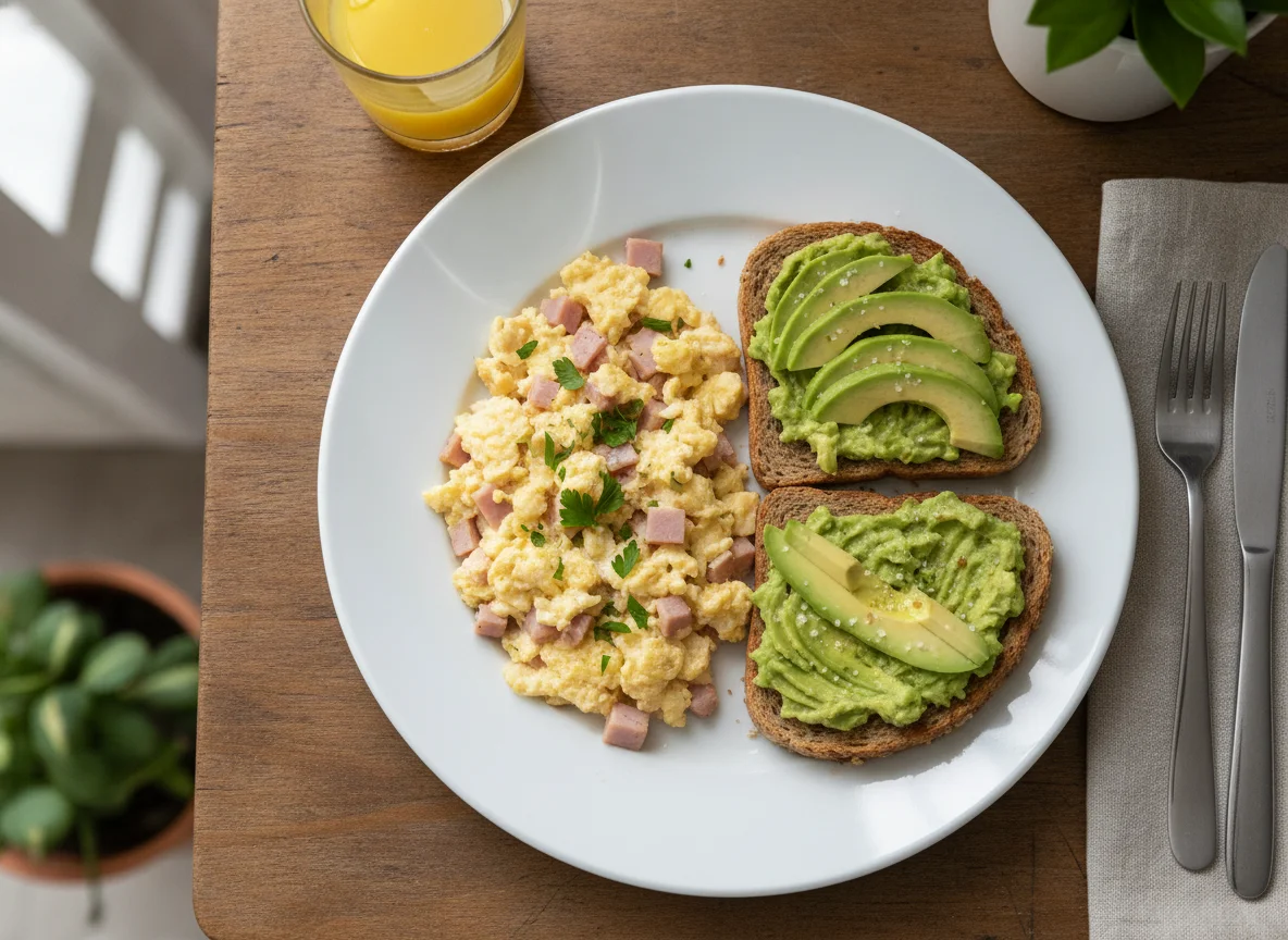 Huevos revueltos con jamón y pan tostado con aguacate photo