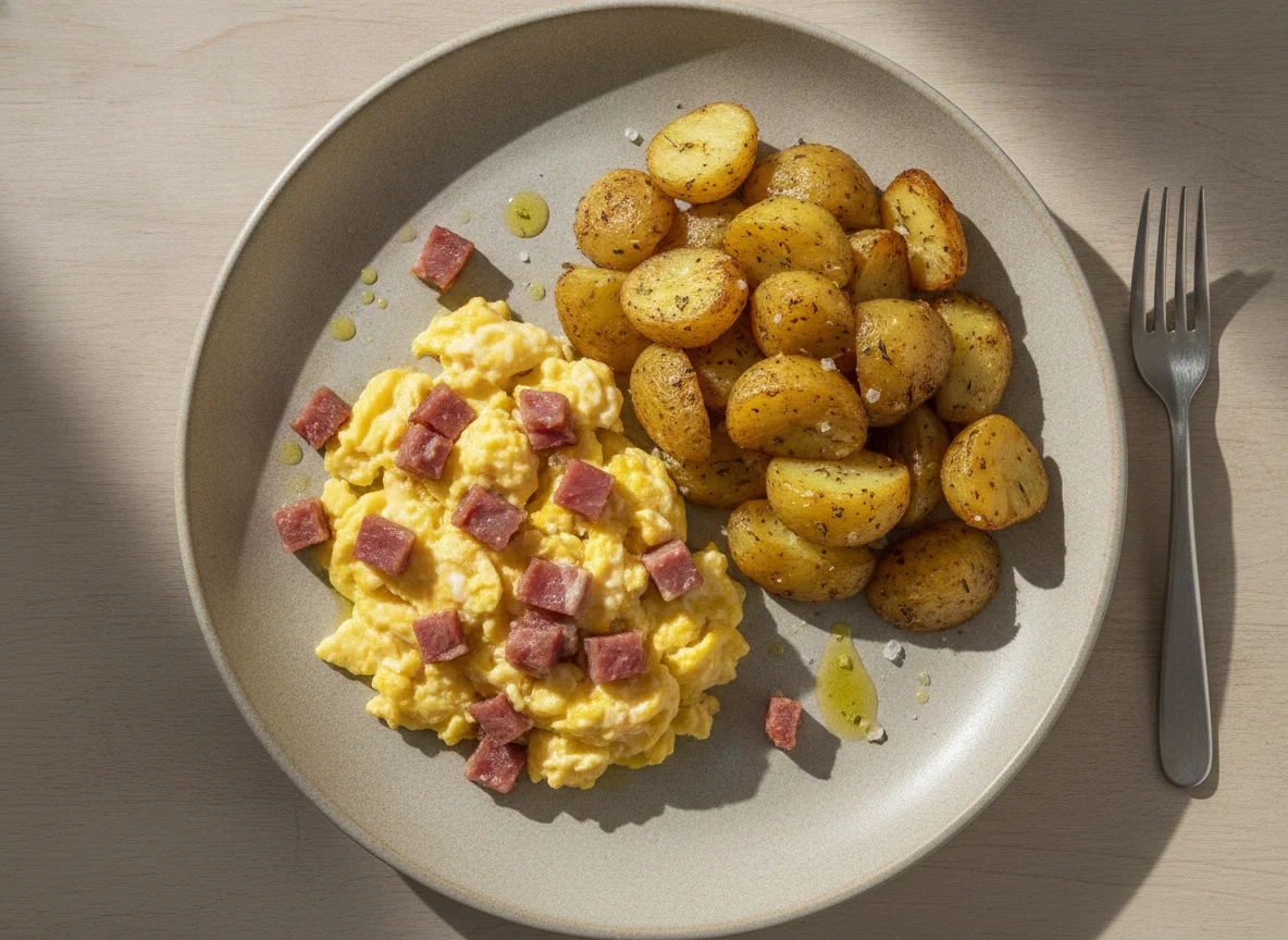Huevos revueltos con jamón y papas asadas photo