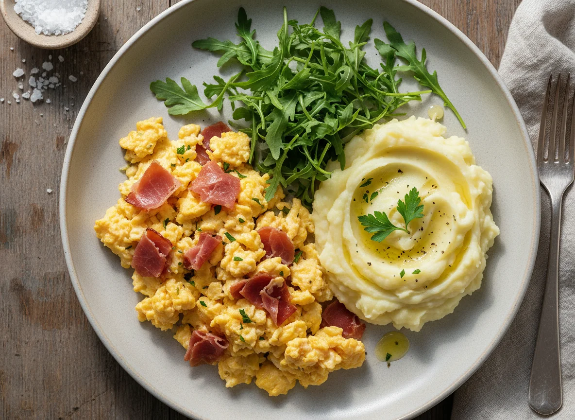 Huevos revueltos con jamón y puré de papa photo