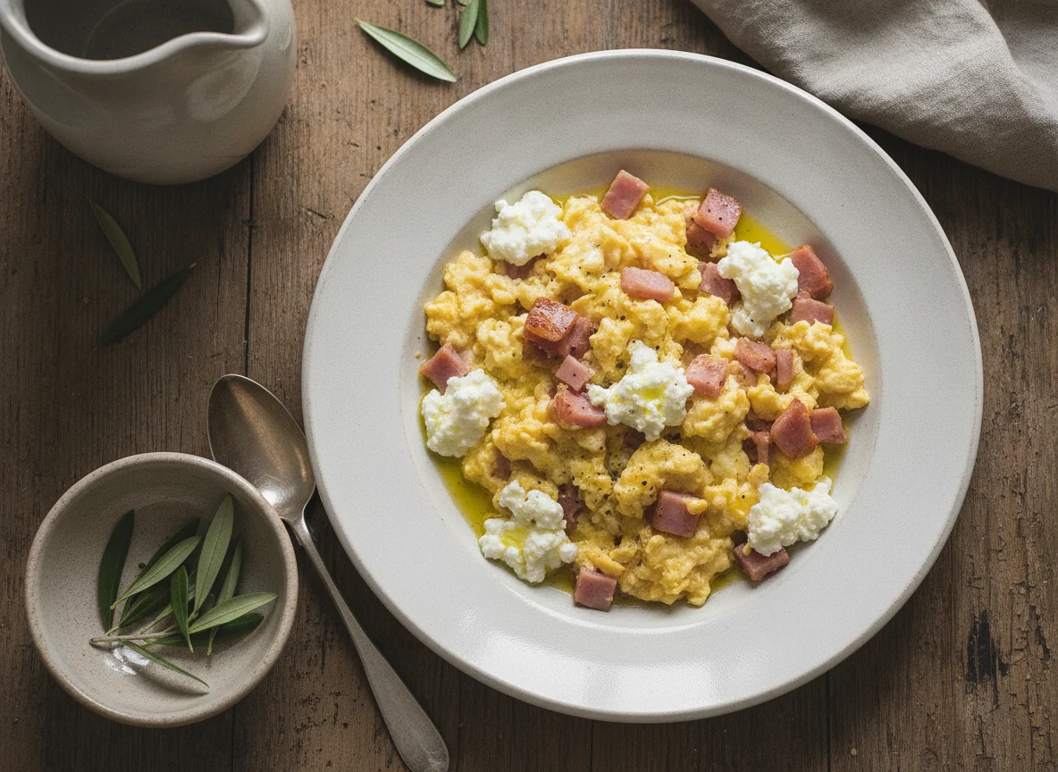 Huevos revueltos con jamón y queso cottage photo