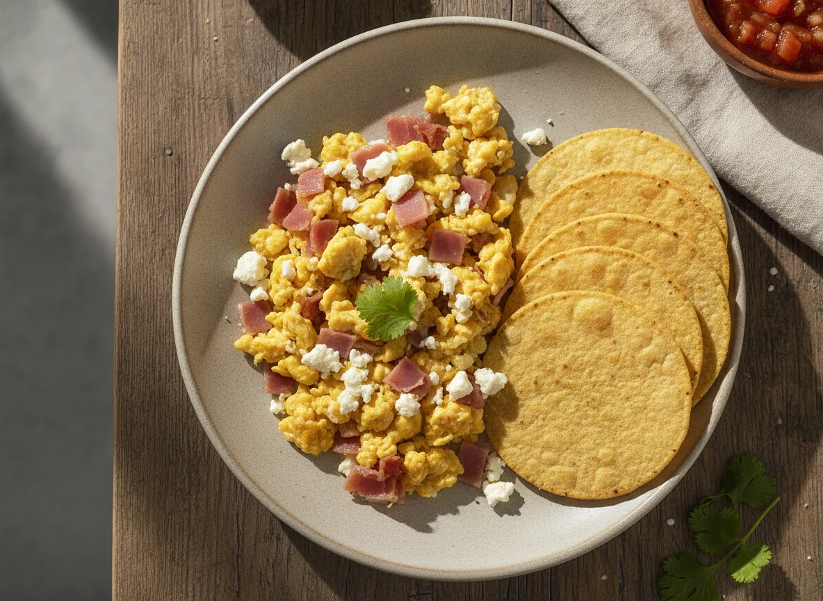 Huevos revueltos con jamón y queso fresco, acompañados de tostadas de maíz photo