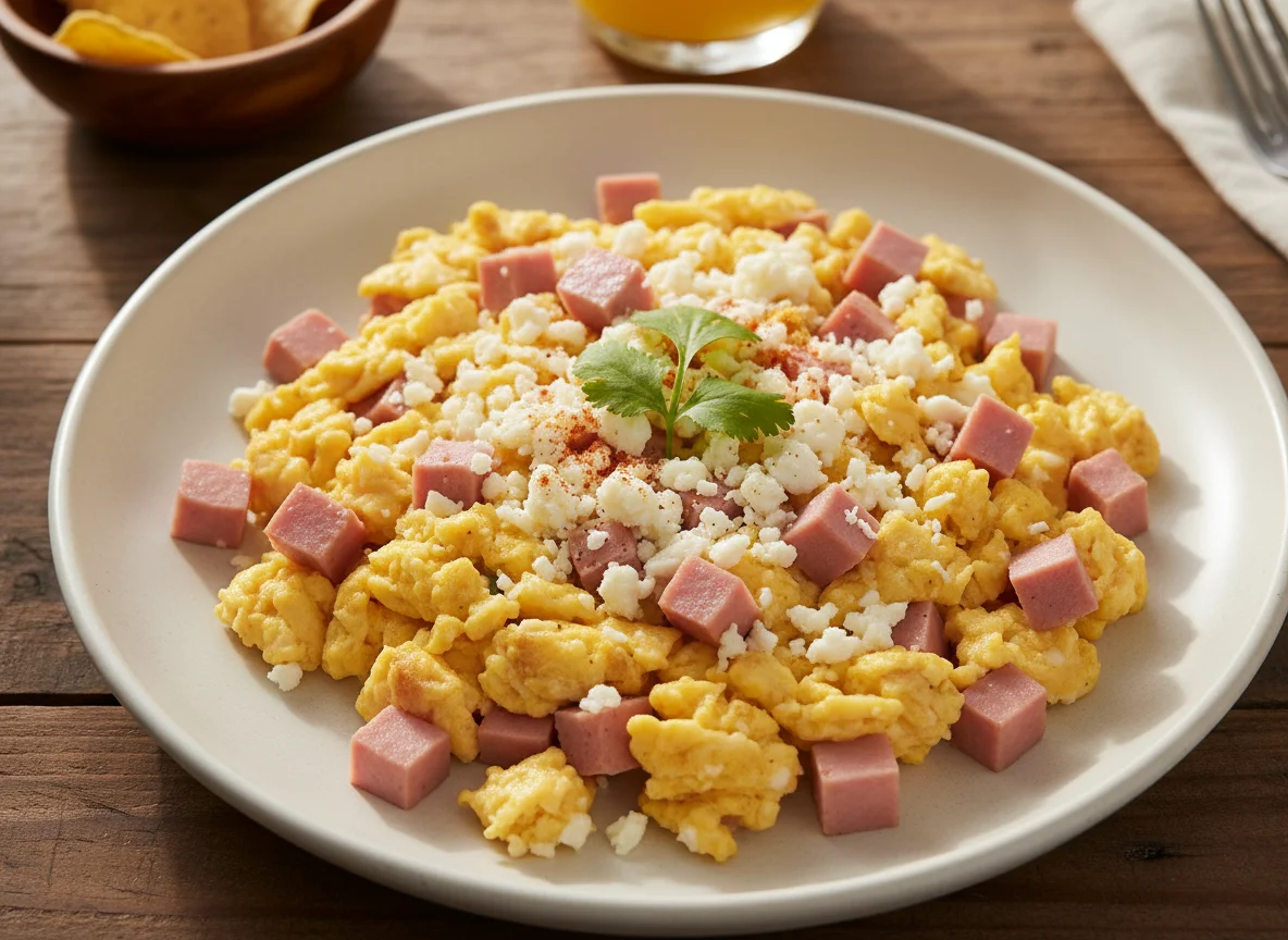 Huevos revueltos con jamón y queso photo
