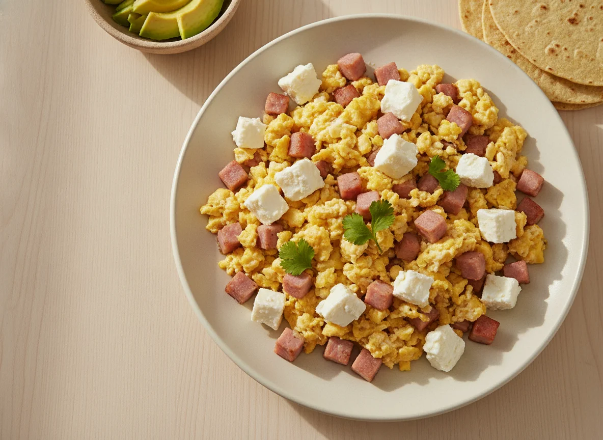 Huevos revueltos con jamón y queso panela photo