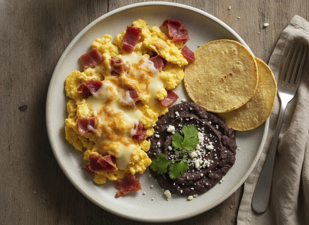 Huevos revueltos con jamón y queso y frijoles refritos photo