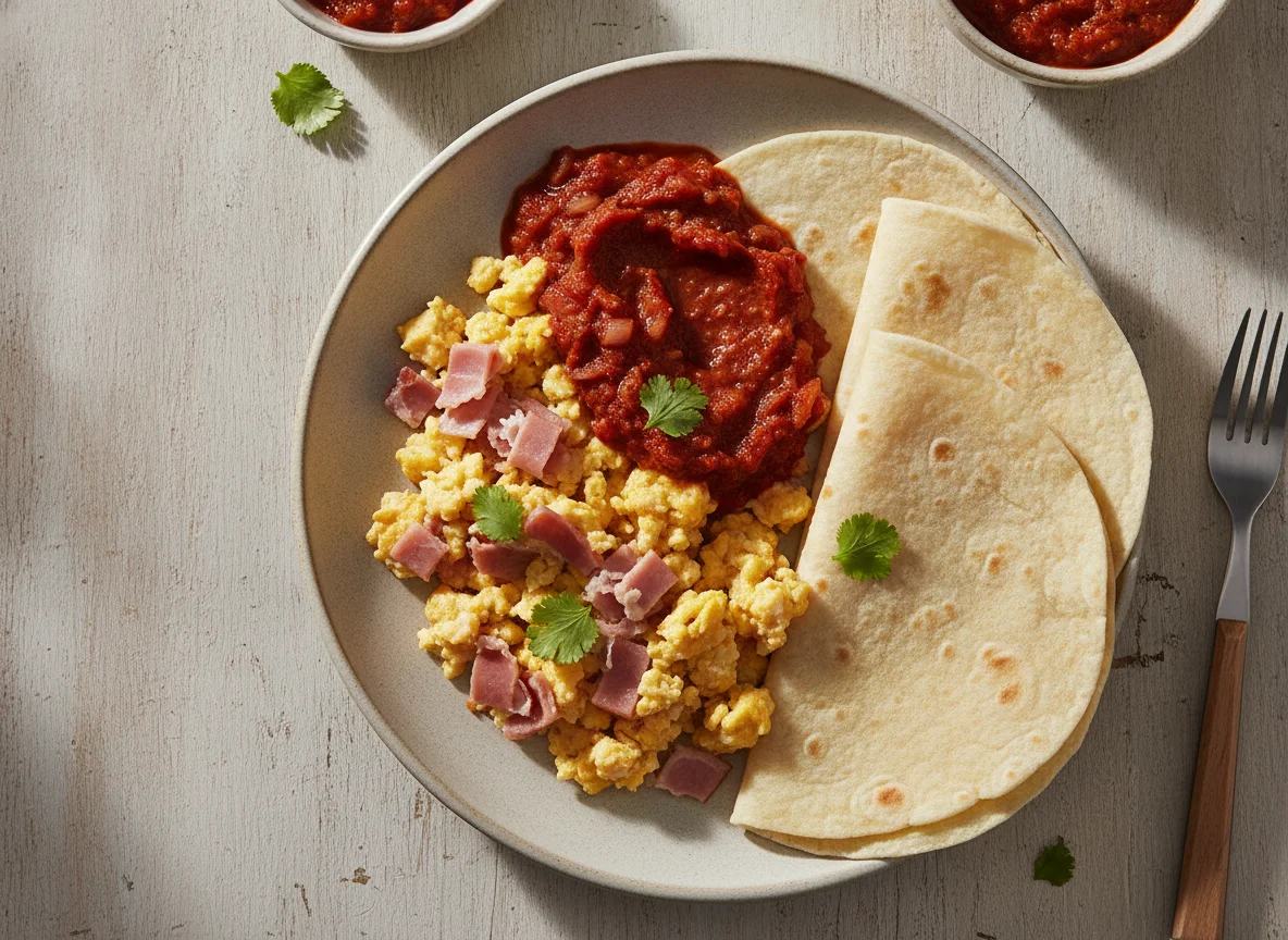 Huevos revueltos con jamón y salsa con tortilla photo