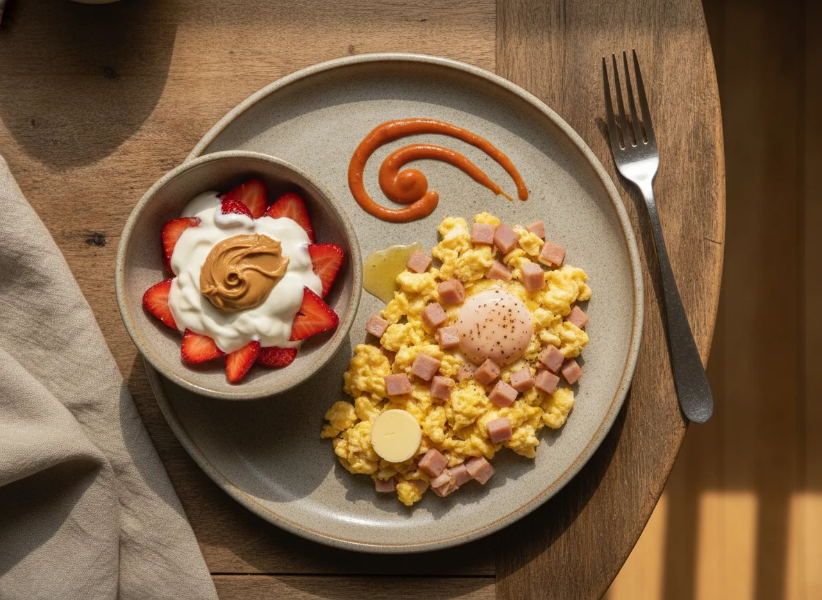 Huevos revueltos con jamón y tazón de fresas con crema photo