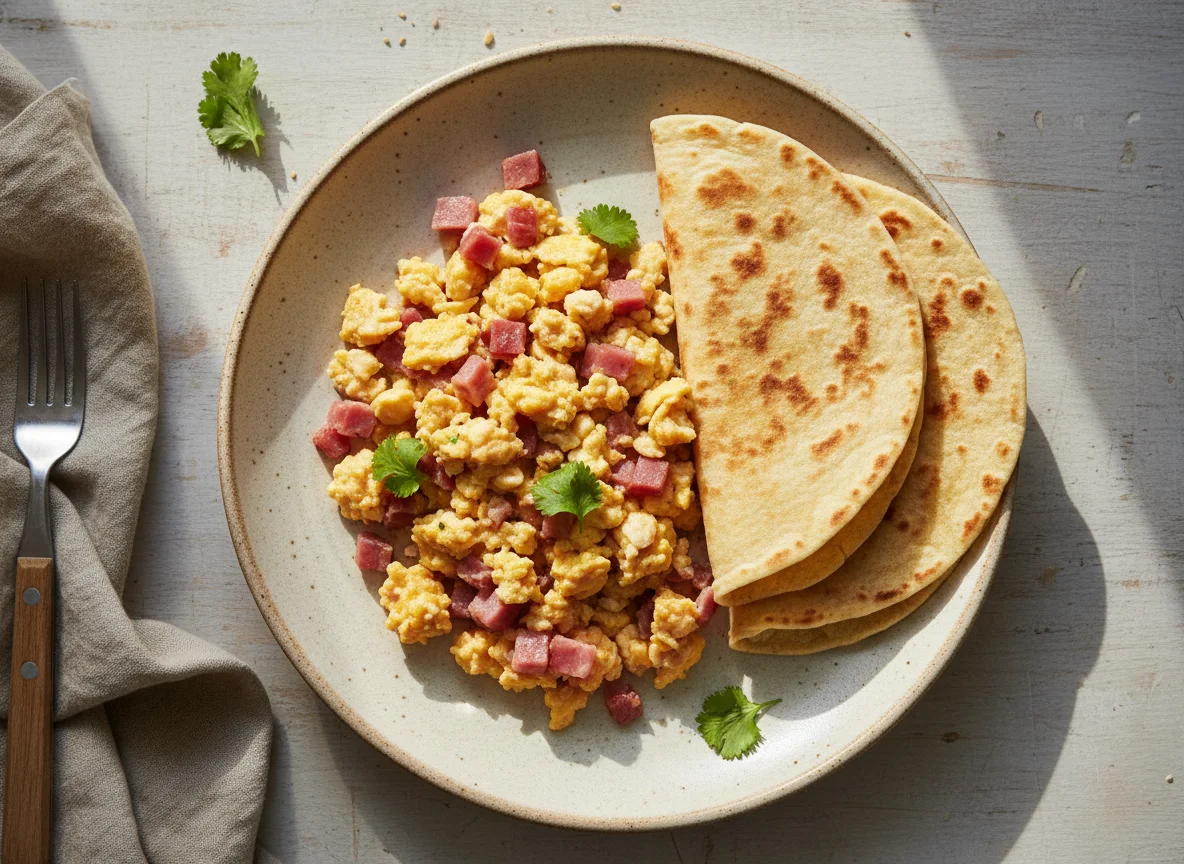 Huevos revueltos con jamón y tortilla de harina photo