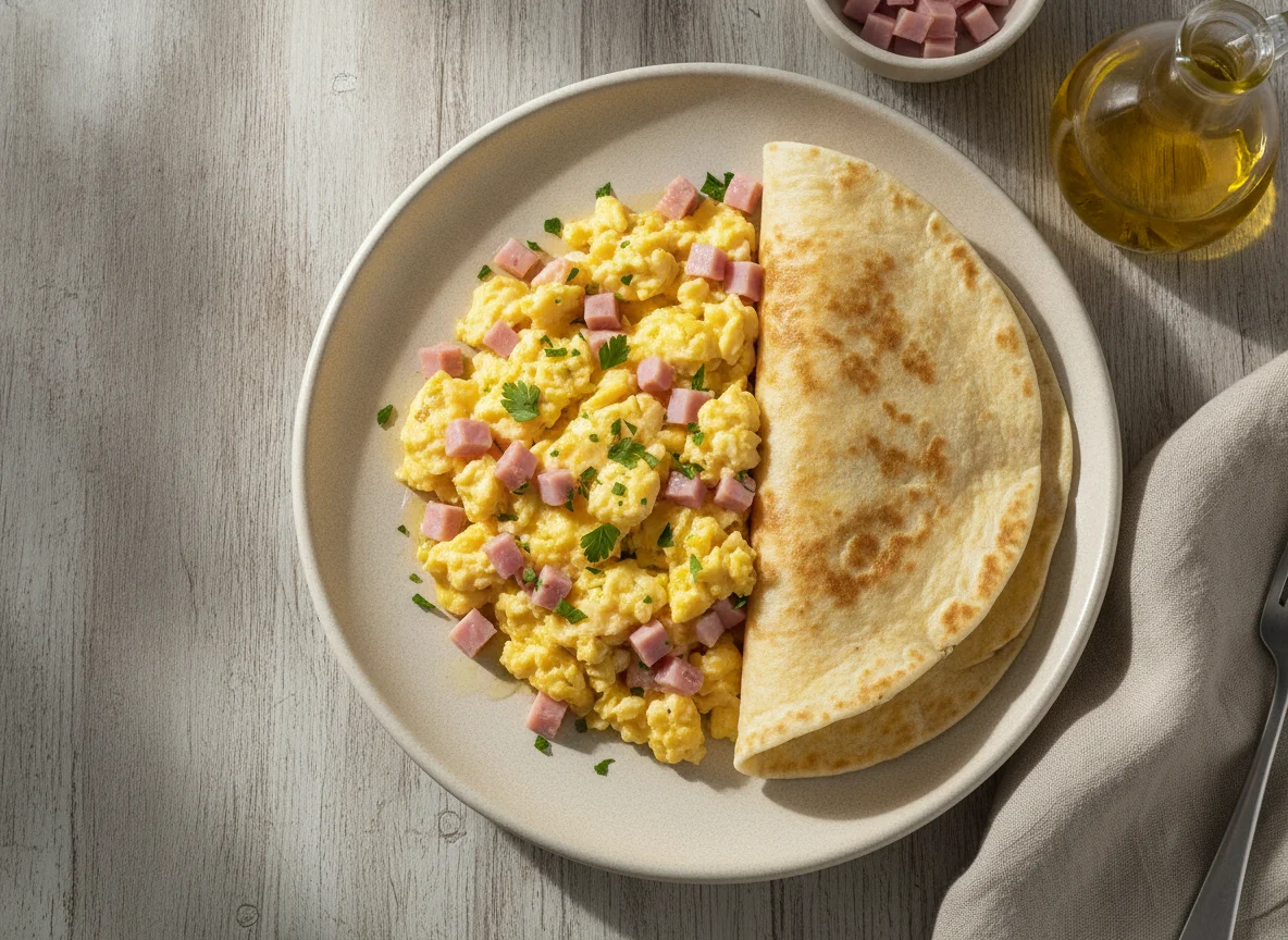Huevos revueltos con jamón y tortilla photo
