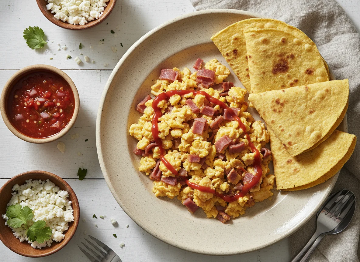 Huevos revueltos con jamón y tortillas photo